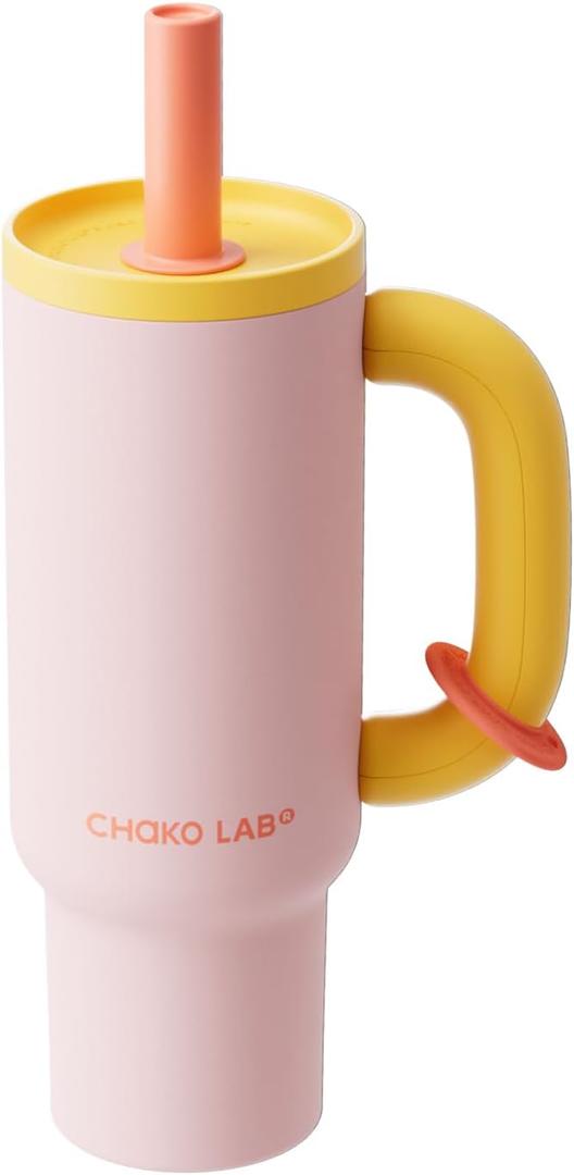 CHAKO LAB BaWang Insulated Stainless Steel Tumbler | Tumbler with Handle and Straw 33oz | Cup Holder Friendly for Travel | Leakproof Water Bottle | BPA-Free | Ceramic liner| pinkyellow