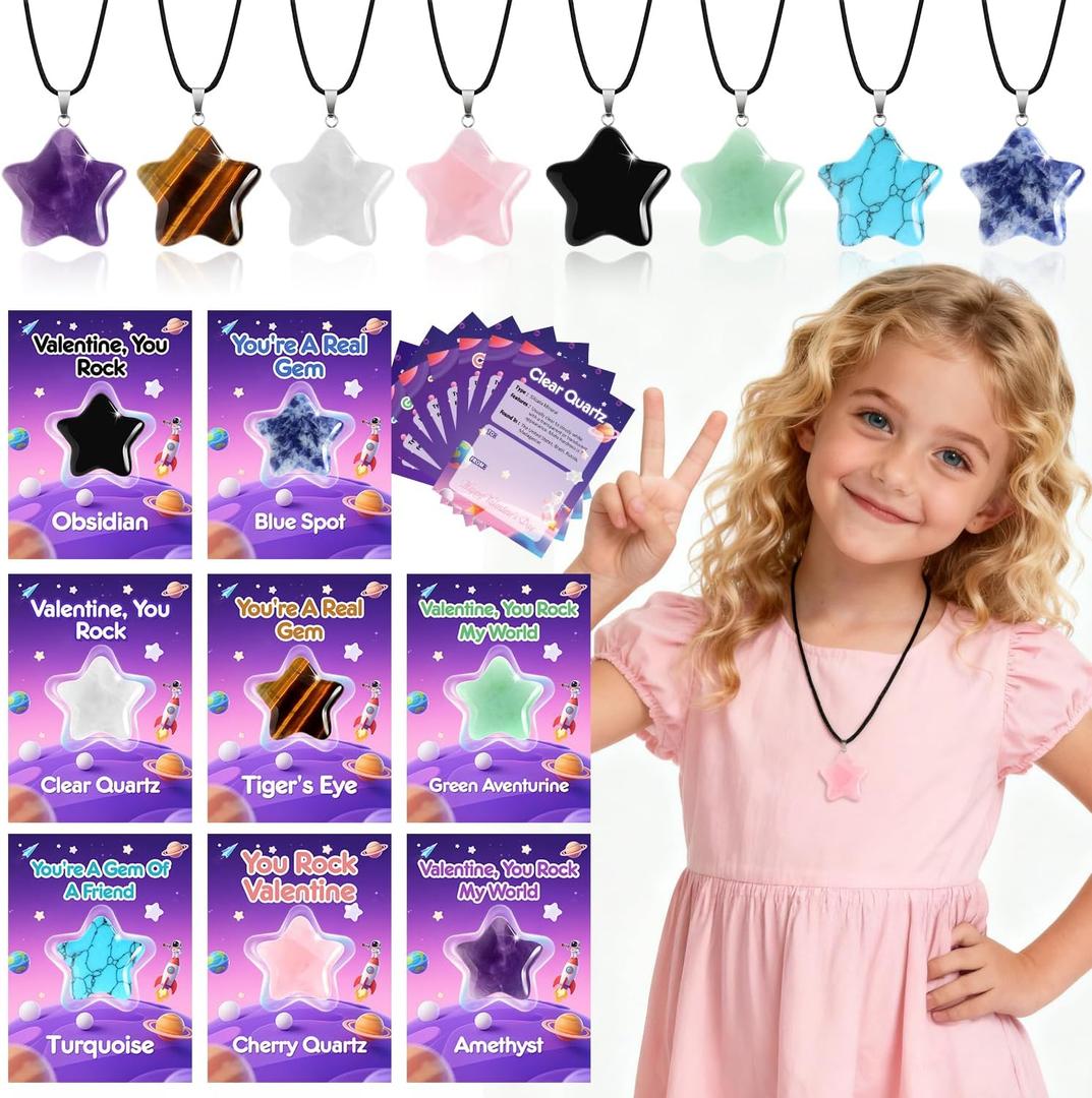 Valentines Day Cards Gifts for Kids School, 24 Pack Star Gem Necklaces Valentines Goodie Bags for Classroom Valentine Exchange Party Favors Crystal Rock Stone Pendants for Girls Boys Class