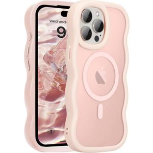 UEEBAI Magnetic for iPhone 12/12 Pro Case, Compatible with MagSafe, Transparent Wave Frame Design Case Soft Edge Cover Cute Clear Matte Shockproof Protective Phone Case, Pink