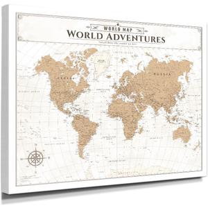 IPIC - Vintage World Map Canvas Wall Art, Large Travel Map Print for Home, Office, or Study, Push Pin Map Decor for Travel Lovers, Ready to Hang (30"L x 24"W)