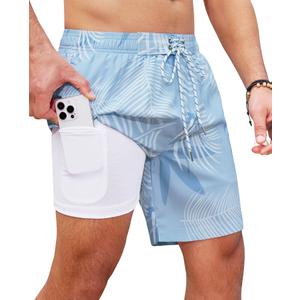 Mens Swim Trunks with Compression Liner Men's Bathing Suits 7 Inch 2 In 1 Soft Stretchy Quick Dry Comfort Drawstring Blue Tropical Palms Pockets Beach Pool 4-way Breathable Husband Boyfriend Summer (Blue, L)