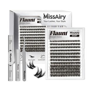 Flaunt Lash Clusters Kit Flora Short 8-14mm Light-Volume Wispy Eyelash Clusters D Curl DIY Eyelash Extension Kit Spiky Cat Eye Individual Lash Eyelash Clusters with 0.05mm Ultra-Thin Black Band