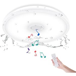HOREVO Bathroom Ceiling Light Fixture, Waterproof IP65 18W LED Music Ceiling Lamp with Remote Control with Bluetooth Speaker, FCC and UL1598 Certified for Kitchen, Laundry, Hallway (Need Wired)