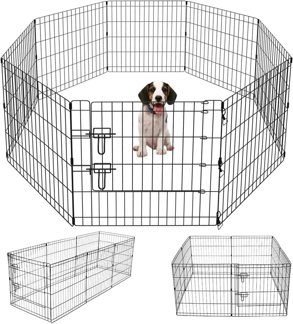 Artmeer Pet Playpen Puppy Playpen Kennels Dog Fence Exercise Pen Gate Fence Foldable Dog Crate 8 Panels 24 Inch Kennels Pen Playpen Options Ideal for Pet Animals Outdoor Indoor (Black 24''x24'')