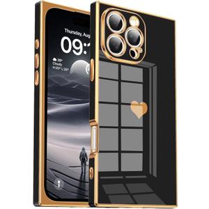 Tzomsze Compatible with iPhone 16 Pro Case,Camera Protection Cute Heart Pattern & Electroplate Reinforced Corners Shockproof Edge Bumper Case for Women Girls 6.3 Inch-Black