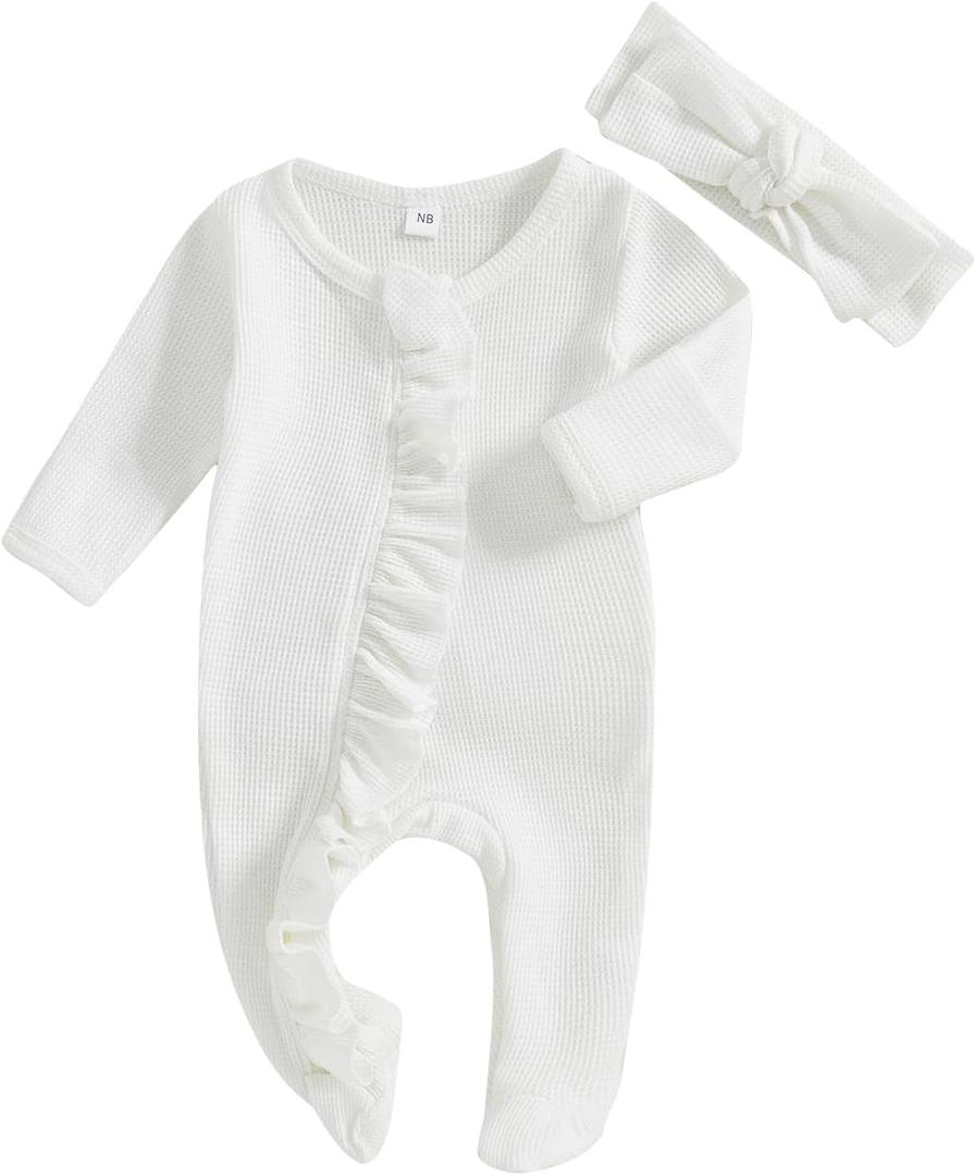 Newborn Baby Romper Infant Girl One-piece Outfit Waffle Ruffle Zip Footie Spring Summer Clothes With Bow Headband (3-6 Months, White)