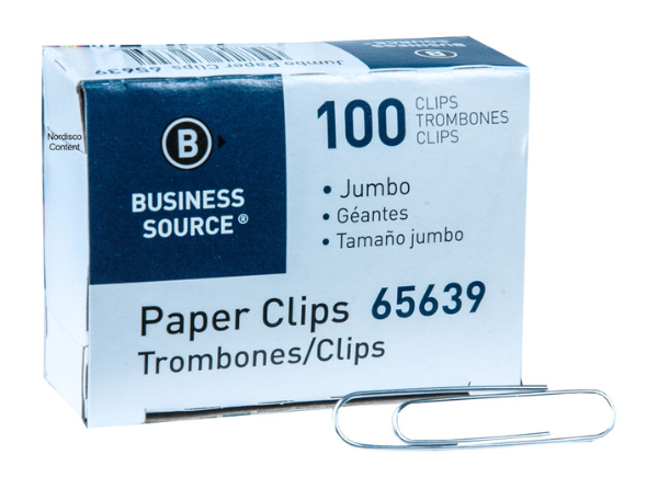 Business Source Paper Clips, Jumbo, .041 Wire Gauge, 100/ Pack, 1 Pack