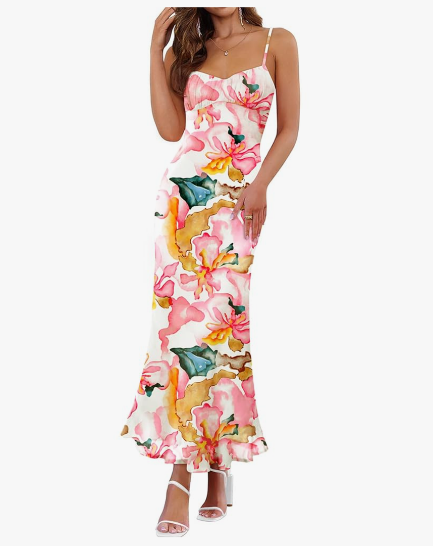 ZESICA Womens Summer Floral Spaghetti Straps Maxi Dress 2025 Sleeveless Square Neck Bodycon Beach Boho Long Dresses, S