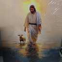 Jesus Walking on Water Canvas Wall Art with Lamb Jesus Picture for Wall Christian Painting Poster for Living Room Bedroom Dining Room Church Decor 16 * 24 IN(Stretched Canvas on A Wooden Frame)