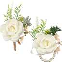 Ivory Boutonniere and Wrist Corsage Set 2PCS Artificial Flower with Pearl Wristlet Band for Prom Wedding Groom and Bride
