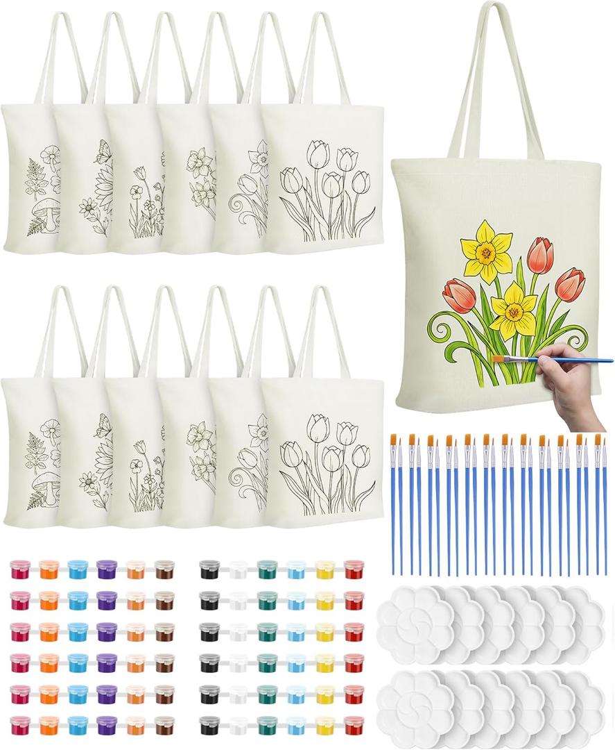 Cosblank 12 Pack DIY Floral Canvas Tote Bags Set with Paints Brushes Color Your Own Flower Craft Kit Reusable Handbags for Art Activities Parties Painting Gifts