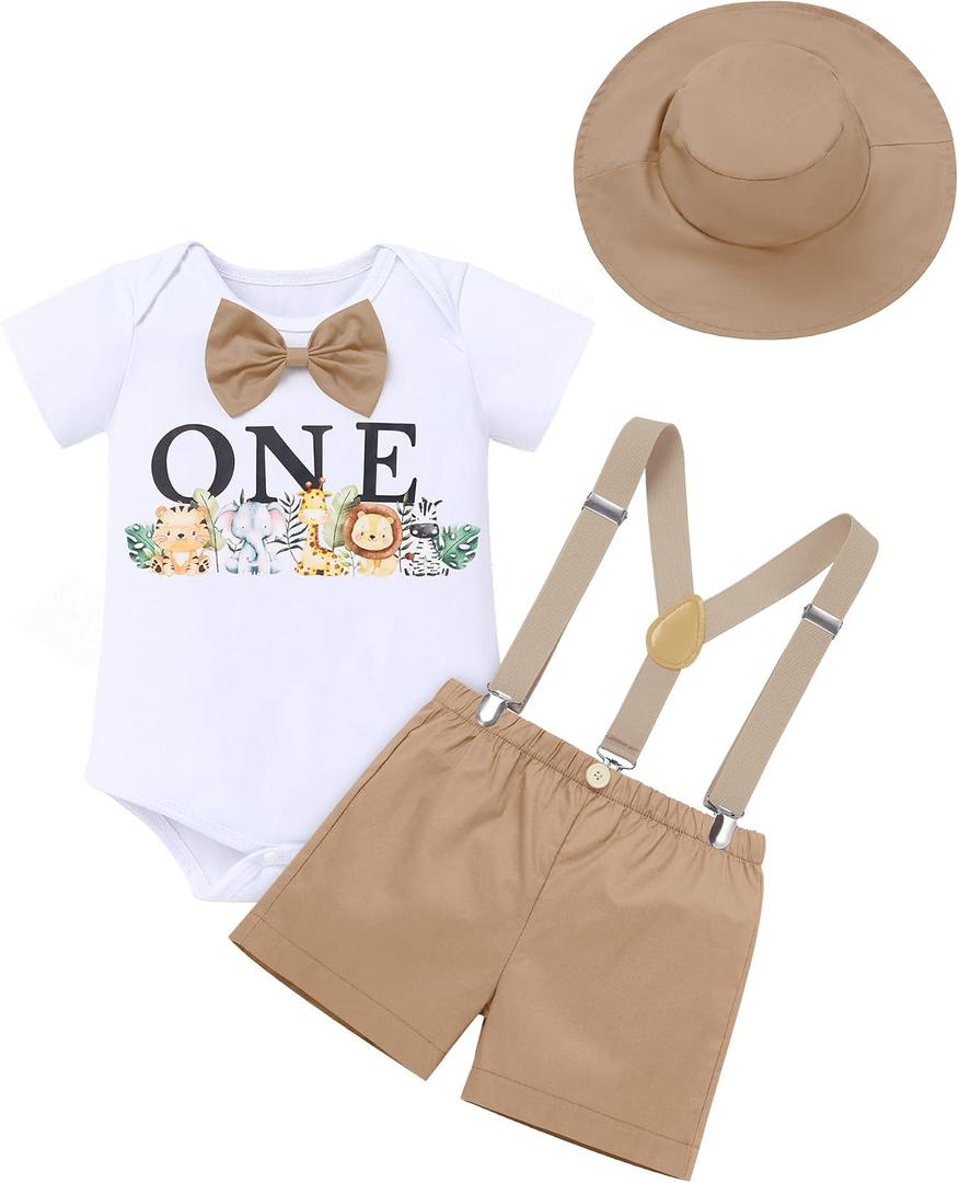 OBEEII First Birthday Outfit Baby Boy Cake Smash Outfit Safari Zookeeper Animal Lion Bow Tie Romper + Suspender Shorts + Hat (White)