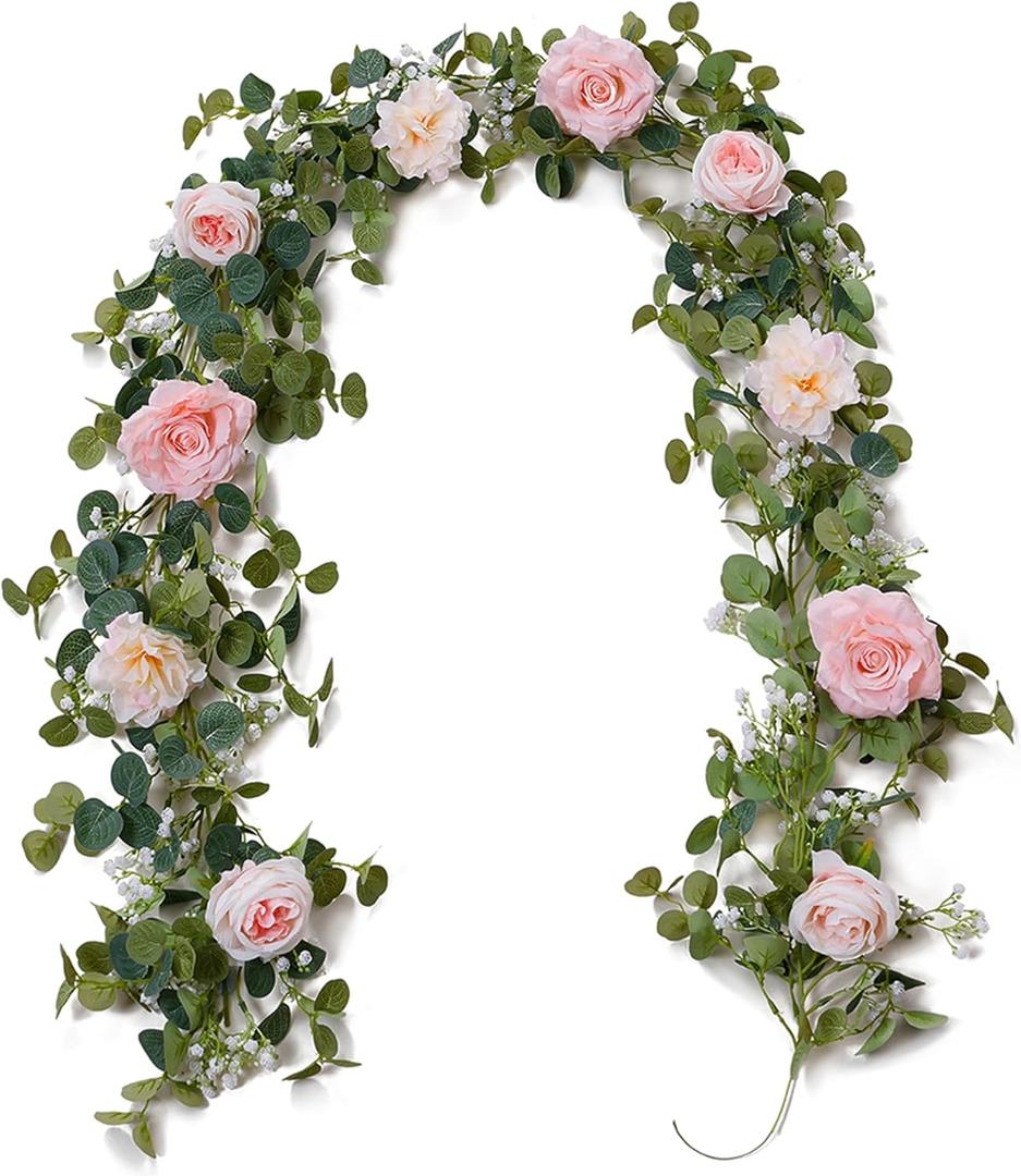 Anna's Whimsy 5.91FT Artificial Eucalyptus Garland With Flowers, Fake Rose Gypsophila, Faux Floral Greenery for Wedding Spring Party Art Table Runner Decor (Pink, 1)