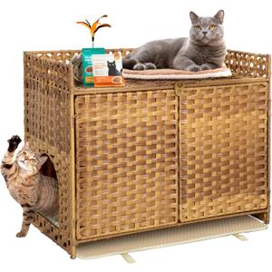 Hidden Cat Litter Box Enclosure Furniture - Handwoven Rattan Pet House with Removable Mat, Elevated Metal Feet, Large 30.3x18.2x24.5 Inches for Modern Design Indoor Living