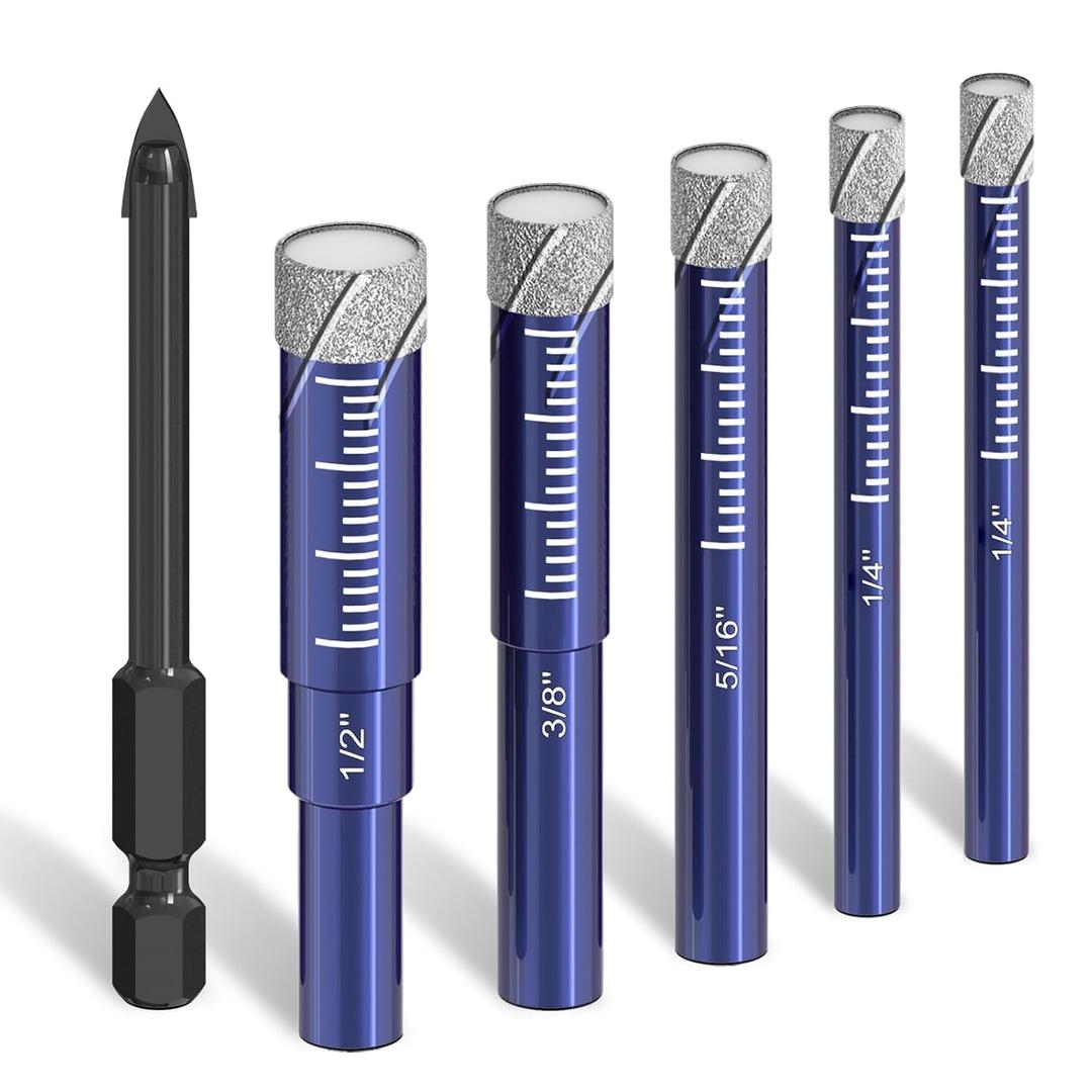 6 PCs Diamond Drill Bits Set for Porcelain, Ceramic, Glass & More - Versatile Tile Drill Bits for Efficient, Precise Drilling (6Pcs, Blue)