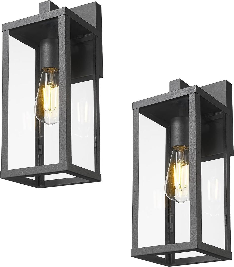 Outdoor Wall Light with Clear Glass, Anti-Rust Exterior Wall Sconce, Weather Resistant Outdoor Lantern, Exterior Lighting for Porch, Patio, Garage, Entryway (Black, 15.5" Height-2 Pack)