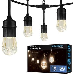 Enbrighten Classic Warm White String Lights, 36ft Black Cord, 18 Shatterproof Acrylic Bulbs, Weatherproof, Outdoor String Lights, 33171