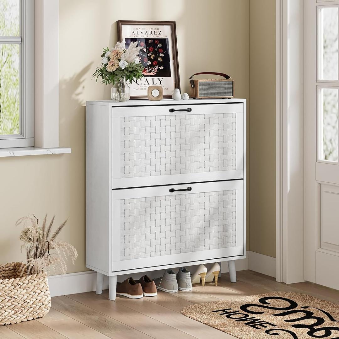 Shoe Storage Cabinet with Handmade Rattan Drawers, Freestanding Shoe Organizer Cabinet with Solid Wood Legs, Narrow Shoe Cabinet Storage for Entryway, Rustic Slim Shoe Rack Cabinet (White) (Width - 31.5 inches) Shoe Storage Cabinet with Handmade Rattan Drawers, Freestanding Shoe Organizer Cabinet with Solid Wood Legs, Narrow Shoe Cabinet Storage for Entryway, Rustic Slim Shoe Rack Cabinet (White) (Width - 31.5 inches)