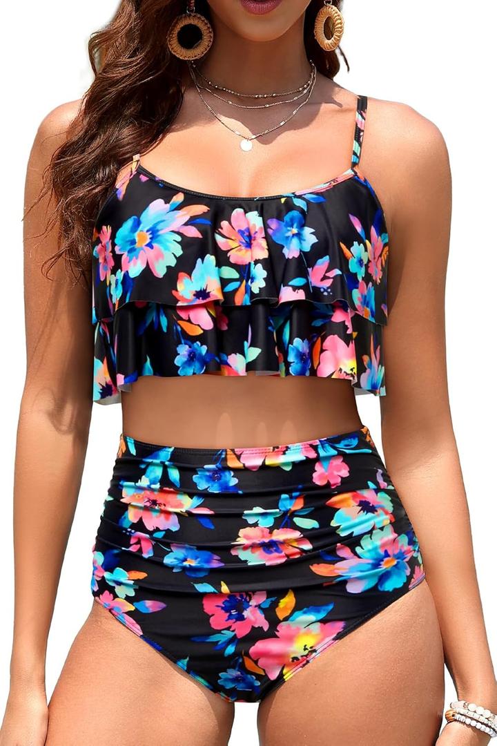 Tempt Me High Waisted Bikini Two Piece Swimsuits Tummy Control Bathing Suit Ruffle Ruched Swimwear (Small, Colorful Floral)