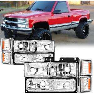 Pair Headlights Assembly Set For 1994 1995 1996 1997 1998 Chevy C10 Silverado Pickup For 1994-1999 Suburban/Tahoe C/K1500/2500/3500 Truck Replacement Headlamps W/Corner and Bumper Light