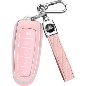 QBUC for Ford Key fob Cover,Soft TPU Car Key Case Protector with Keychain Compatible with Ford C-Max Edge Escape Expedition Explorer Flex Focus Taurus Lincoln MKS MKT MKX Navigator Accessories (Pink)