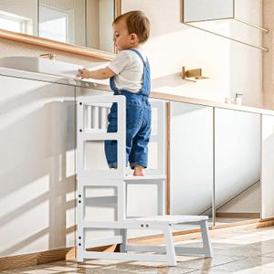 COSYLAND Toddler Step Stool with Removable Protective Side Guard Stable Kid's Learning Stool for Bathroom Potty, Kitchen, Bedroom Counter Helper with Armrest White, 39"D x 40"W x 65"H