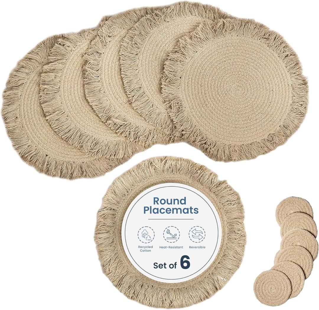 The Fine Living Co. Braided Cotton Placemats (Set of 6, 15 Inches) with 6-Free Coasters, Washable Anti-Slip Heat Resistant Mats, Boho Woven Round Table Mats for Summer Table Decor, Kitchen and Dining