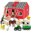 SIMPLIPLAY Farm Animal Toys with Portable Large Wooden Barn for Kids 3+ Years Old, 10 PCS Farm Animals Figures for Boys, Girls, Animal Lovers, Ideal Gift for Kids Toddlers, Improve Fine Motor Skills