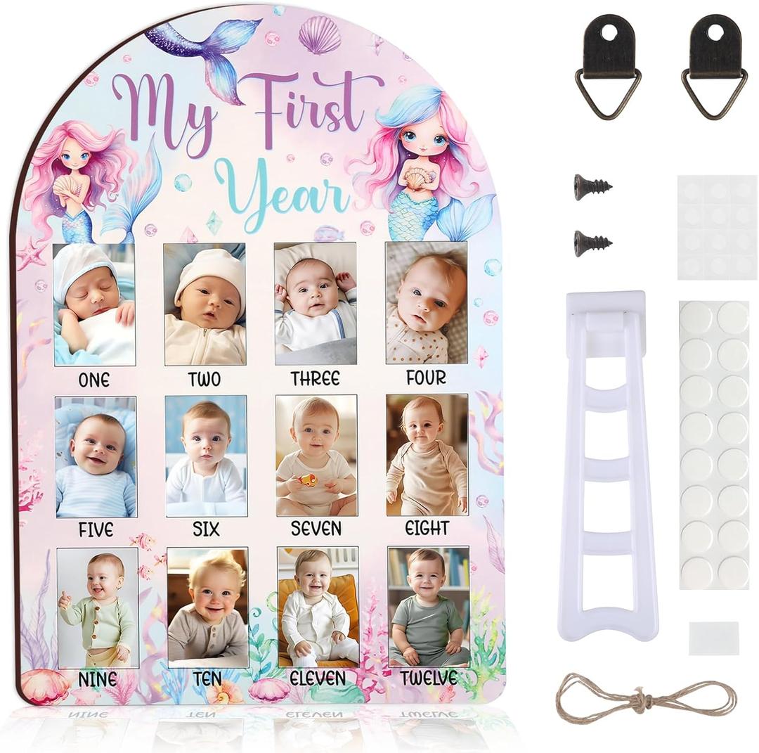 Mermaid My First Year Photo Frame, Baby's First Year Wooden Picture Frame Purple, Newborn 12 Months Milestone Memories Display Wood Board for 1st Birthday Decorations Keepsake Gift