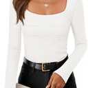 ZESICA Women's Long Sleeve Shirts 2026 Spring Fashion Square Neck Slim Fit Basic Going Out Tops Trendy Outfits (Large, White)