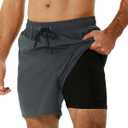 SILKWORLD Mens Swimming Trunks with Compression Liner 2 in 1 Quick-Dry Swim Shorts with Zipper Pockets (Large, Dark Grey)