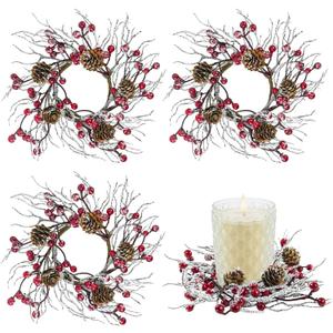4 Pcs Christmas Candle Rings 3.6 Inch Snowy Small Candle Wreaths with Pine Cones Christmas Candle Rings for Pillars Home Wedding Christmas Table Centerpiece