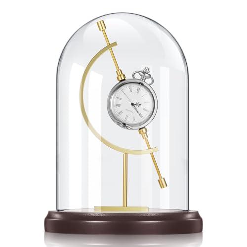 Beeveer 5" x 8" Pocket Watch Glass Display Dome Cloche with Gold Sphere Holder and Wooden Base Pocket Watch Display Case Showcase Bell Terrarium Jar for Ornaments Plants Medals Photos Collectibles