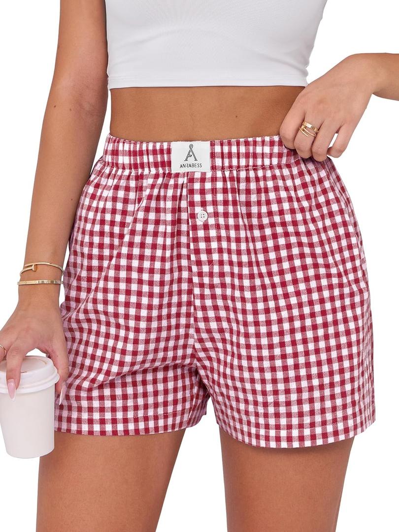 ANRABESS Boxer Shorts for Women Gingham Pajama 2025 Summer Casual Lounge Sleep Plaid Shorts Y2K Beach Bottoms (XX-Large, Red White Plaid)