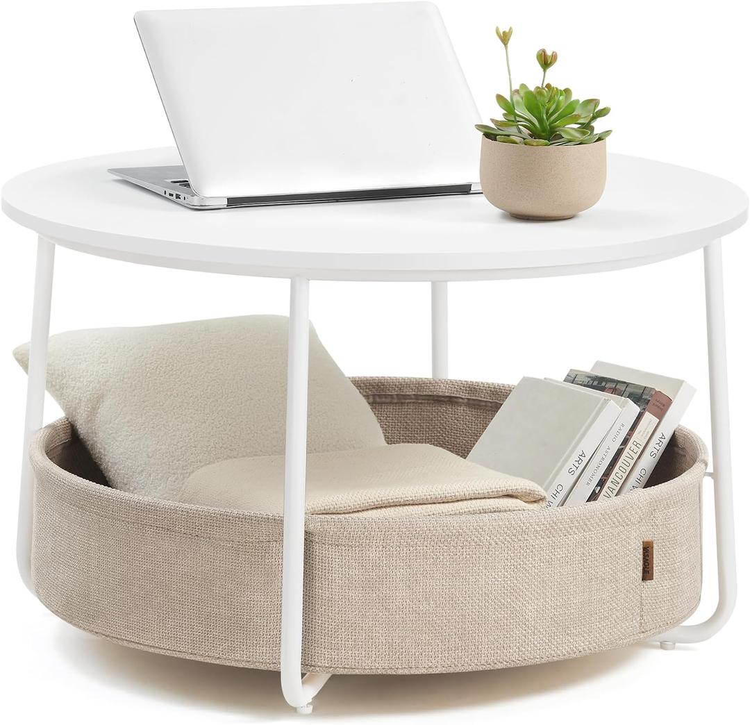 VASAGLE LILEA Collection - Coffee Table with Storage, Round Center Table for Living Room with Fabric Basket, Modern Style, Metal Frame, Matte White and Camel Brown ULCT244W10 VASAGLE LILEA Collection - Coffee Table with Storage, Round Center Table for Living Room with Fabric Basket, Modern Style, Metal Frame, Matte White and Camel Brown ULCT244W10