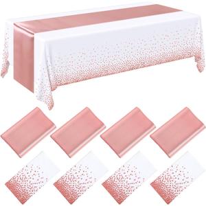 Breling 8 Pack White and Rose Gold Disposable Plastic Tablecloths and Satin Table Runner Set, 54 x 108 Inch Tablecloth, 12 x 108 Inch Table Runners for Wedding Graduation Birthday Baby Shower New Year
