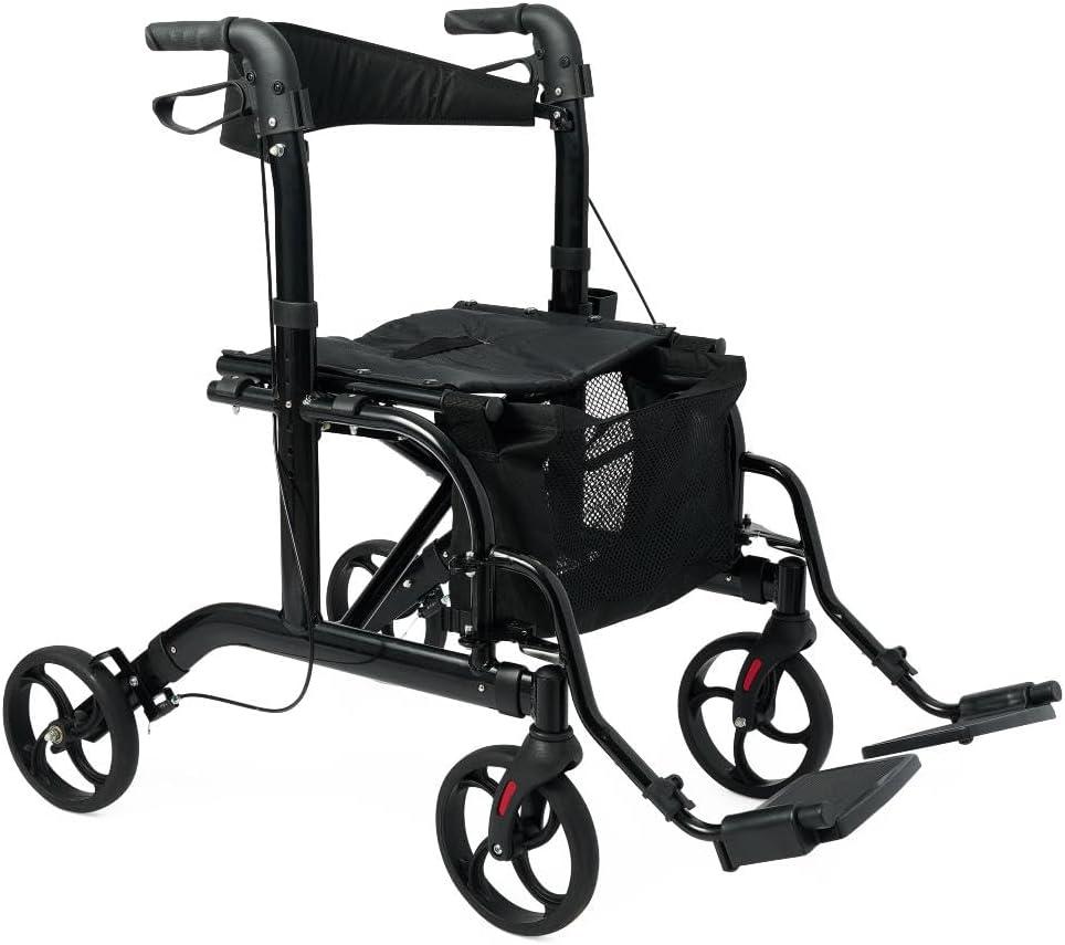 Medline Walker Transport Wheelchair Combo, Rollator Walker for Seniors with Seat, Foldable Transport Chair with Footrests, 18" Wide Seat, Black