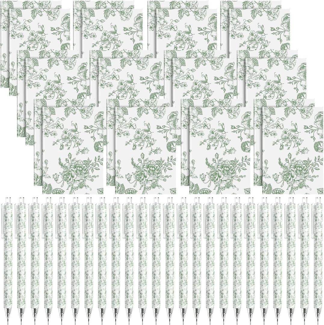 Engrowtic 24 Set Sage Green and White Floral Mini Notebooks and Ballpoint Pens Chinoiserie Vintage Pocket Notepads Gel Pens Small Journals for Bridal Wedding Baby Shower