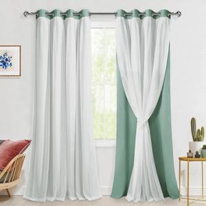 Hiasan Light Sage Green Blackout Curtains for Bedroom, Mix & Match Double Layer Thermal Insulated Privacy Grommet Window Curtains for Living Room,2 Drape Panels with Tiebacks,52W X 96L