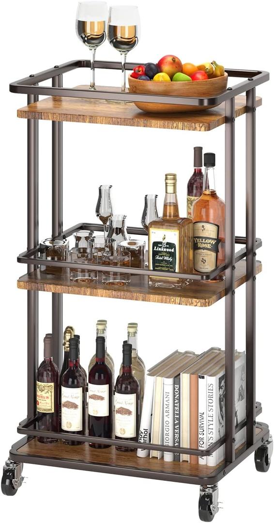 3-Tier Rolling Serving Bar Cart, Wood and Metal Kitchen Island Storage Cart with Wheels, Multifunction Utility Cart Storage Rack for Home, Kitchen, Bar, Dinning Room, Living Room (Brown)