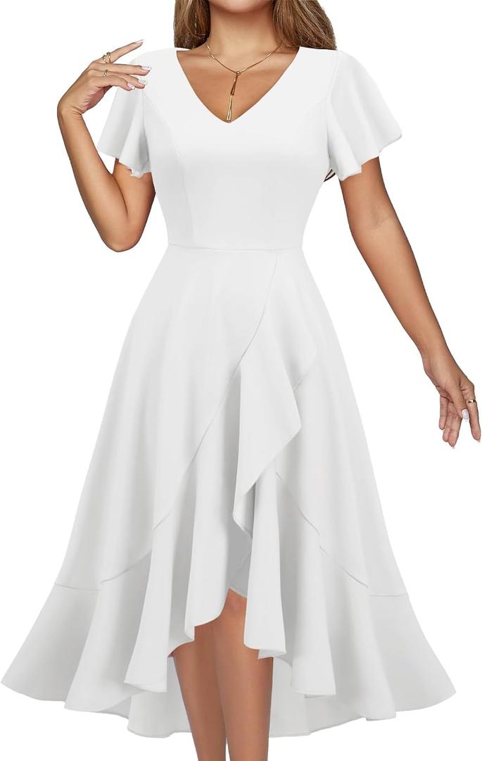DRESSTELLS Women's Cocktail Dresses, Formal Wedding Guest High Low Graduation Party Evening Prom Dress 2025 (Medium, White)