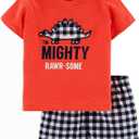 Toddler Boy Cotton Summer Short Sleeve T-Shirt and Short Set (6-7 Years, Red Dinosaur)