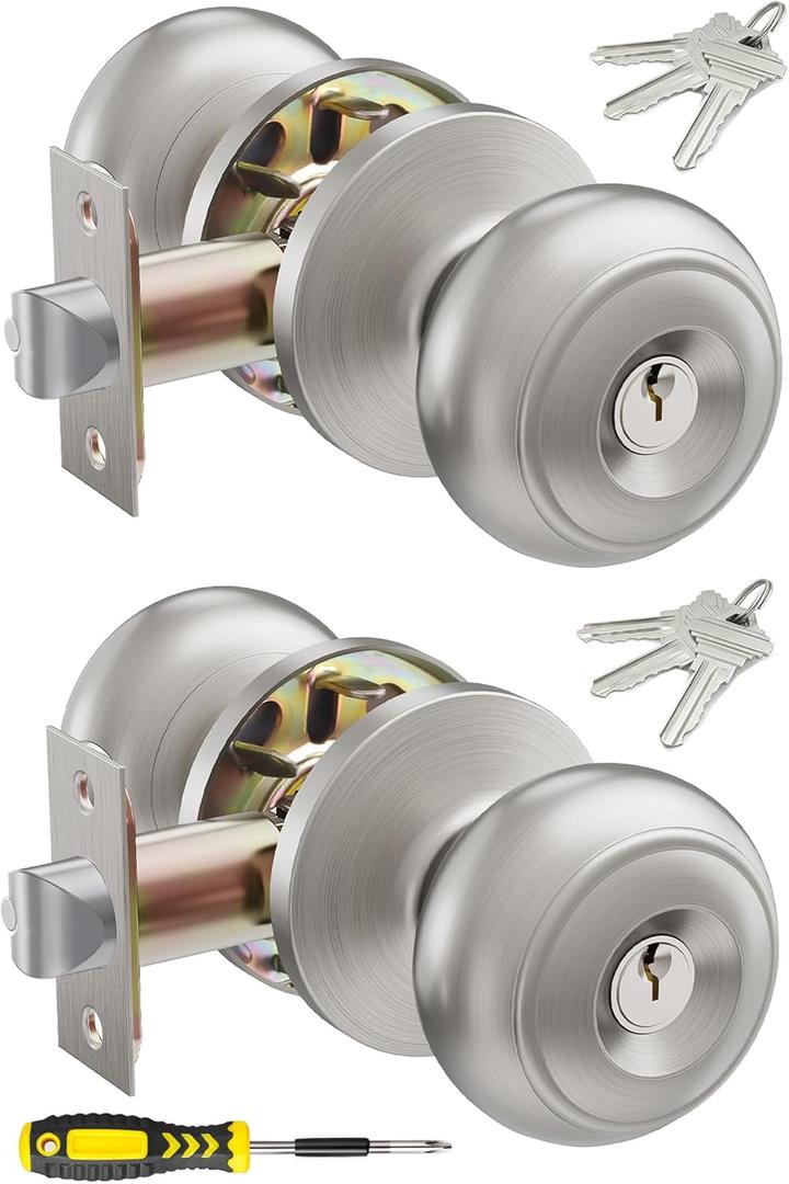 2 Pack Keyed Entry Door Knob Set, All Keyed Same Exterior and Interior Stainless Steel Door Locks, Satin Nickel Front/Entrance Door Knobs Handle