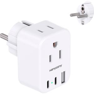 Type E F Plug Adapter, HANYCONY Germany France Travel Plug Adapter with 2 Outlets 3 USB Ports(2 USB C)Schuko Plug Power Adaptor for US to Europe EU Spain Iceland Korea Greece German French