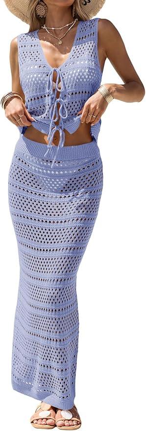 Fisoew Womens Crochet Cover Up 2 Piece Skirt Sets Sleeveless Crop Cardigan Tank Tops Swim Coverup Set (Medium, Purple Blue)