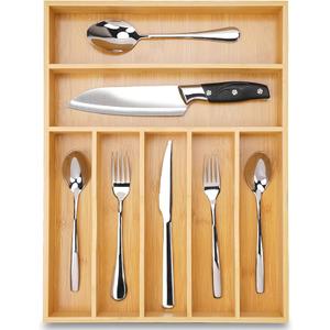 Upassion Bamboo Kitchen DrawerOrganizer, 13 Inch Silverware Organizer with Extradeep Grooved Divider, 7 Slots Pure Bamboo Wood Caddy for Flatware Cutlery Knives, Forks, Spoons