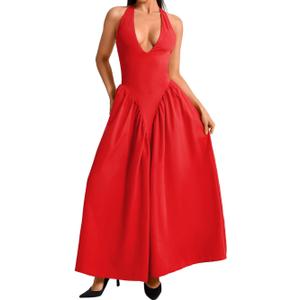 Deep V Neck Dress, Halter Maxi Dresses, Vacation Date Night, Sexy for Women Corset Flowy Wedding Guest Drop Waist (Red)