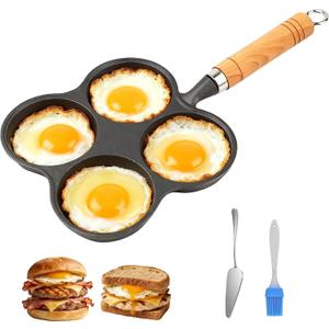 Cast Iron 4-Cup Egg Pan, Small Omelette Pan with Turner & Oil Brush, Breakfast Pan for Eggs Pancakes Sandwiches Burgers, Suitable for Gas Stove & Induction, Naturally Nonstick with Seasoning, 6.6inch