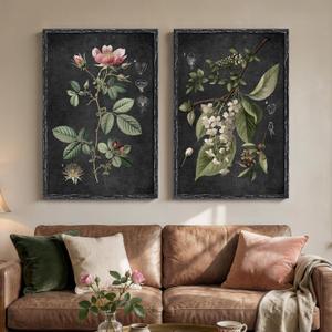 Large Framed Vintage Botanical Wall Art Set of 2, Rustic Retro Dark Floral Canvas Paintings Prints, Antique Flower Pictures for Farmhouse Living Room Hallway Bedroom Dining Room Wall Decor, 24x36 Inch, 24" W x 36" H x 2Pcs