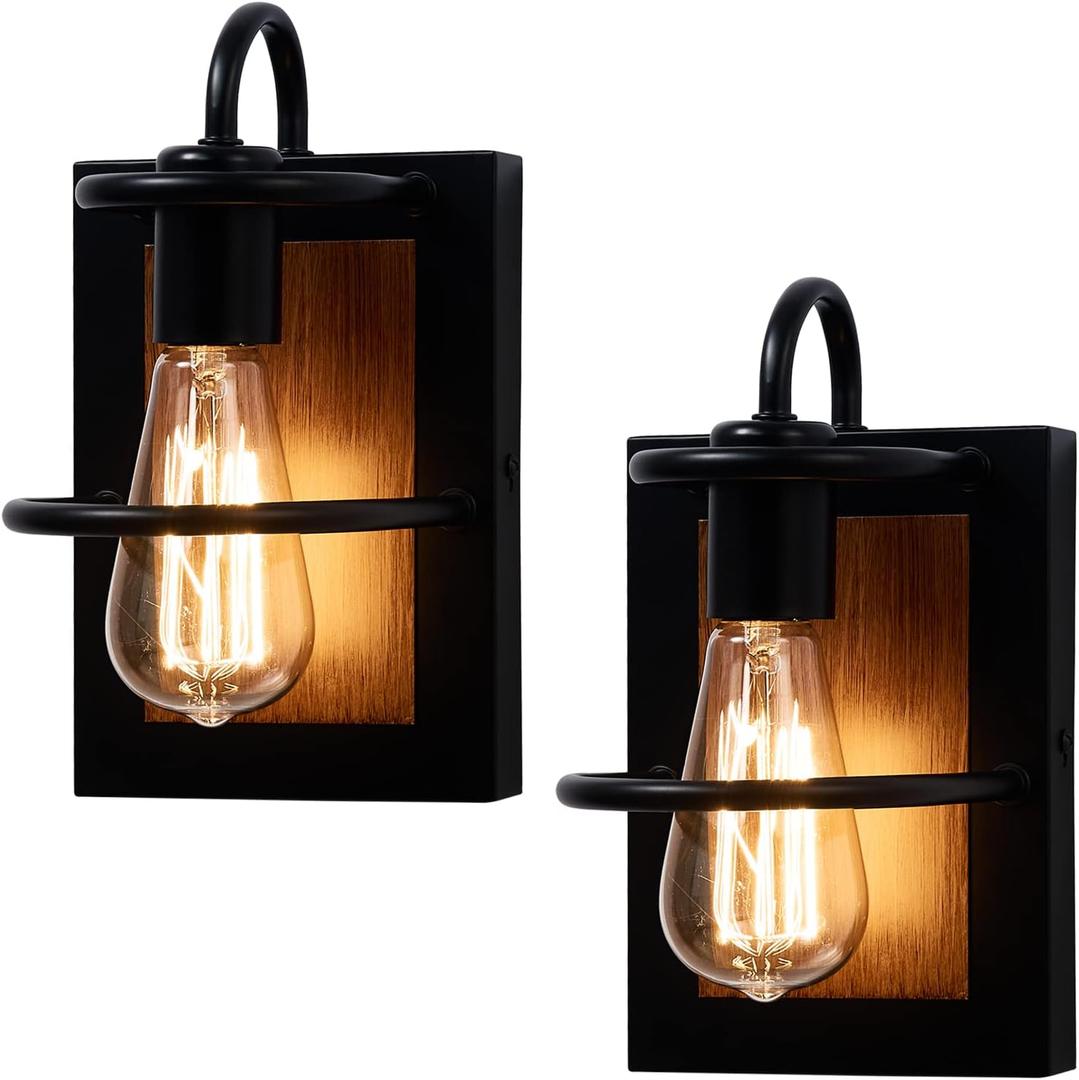 Farmhouse Wall Sconces Lamp Set of 2, Modern Industrial Wall Sconces Lighting Indoor with E26 Base Faux-Wood Color Matte Black Finish, Vintage Wall Mount Light Fixture for Bedroom Living Room Stairway